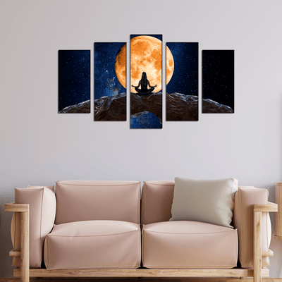 DECORGLANCE Posters, Prints, & Visual Artwork Woman Meditating In Front Of Moon Canvas Wall Painting- With 5 Frames