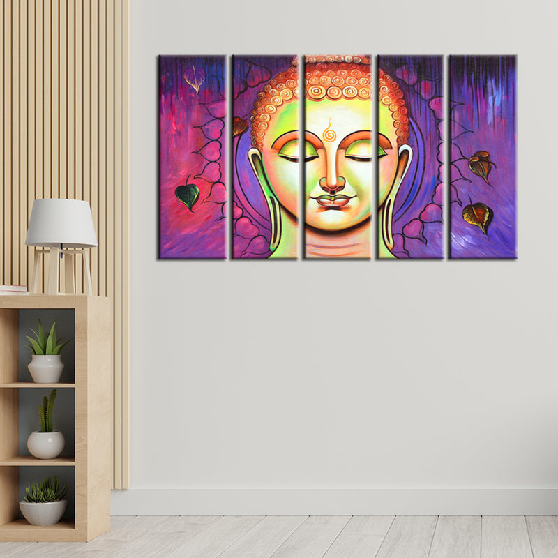 Acrylic Color Portrait Buddha Canvas Wall Painting- With 5 Frame