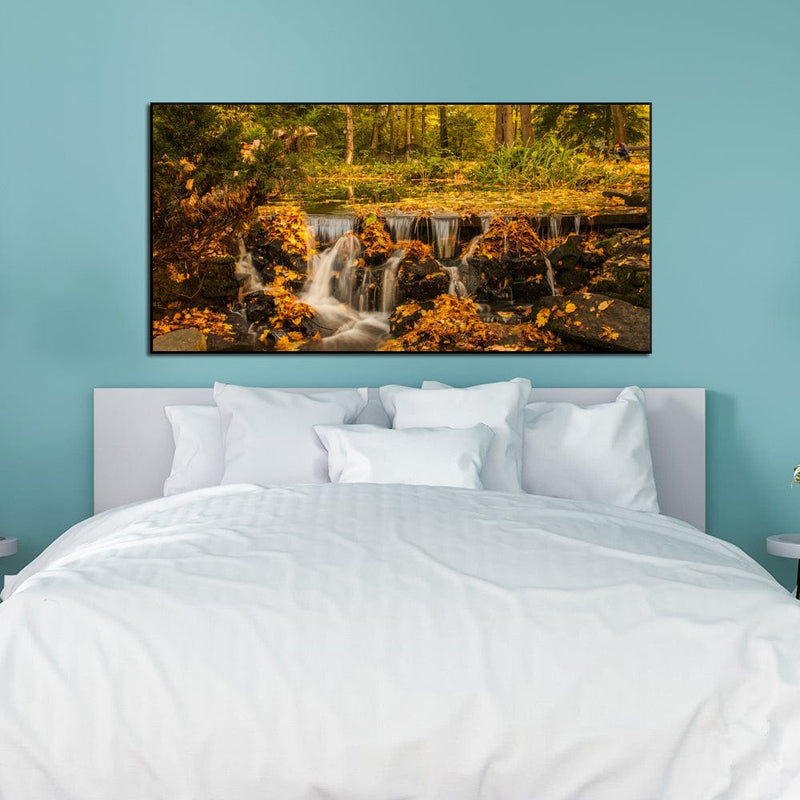 DecorGlance Rectangle painting Autumn Season Waterfall Scenery Canvas Floating Frame Wall Painting