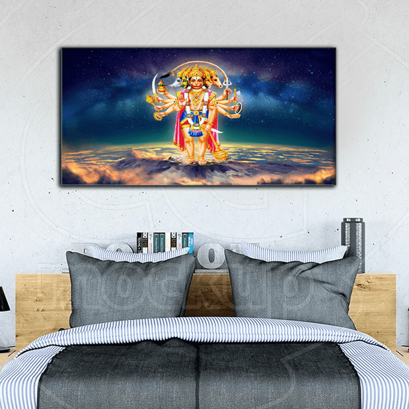 DecorGlance Rectangle painting Panch Mukhi Lord Hanuman Scenery Canvas Wall Painting