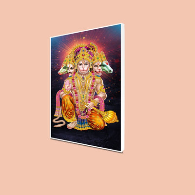 DecorGlance Rectangle painting CANVAS PRINT WHITE FLOATING FRAME / (24x48) Inch / (60x121) Cm Panchmukhi Lord Hanuman Floating Frame Canvas Wall Painting