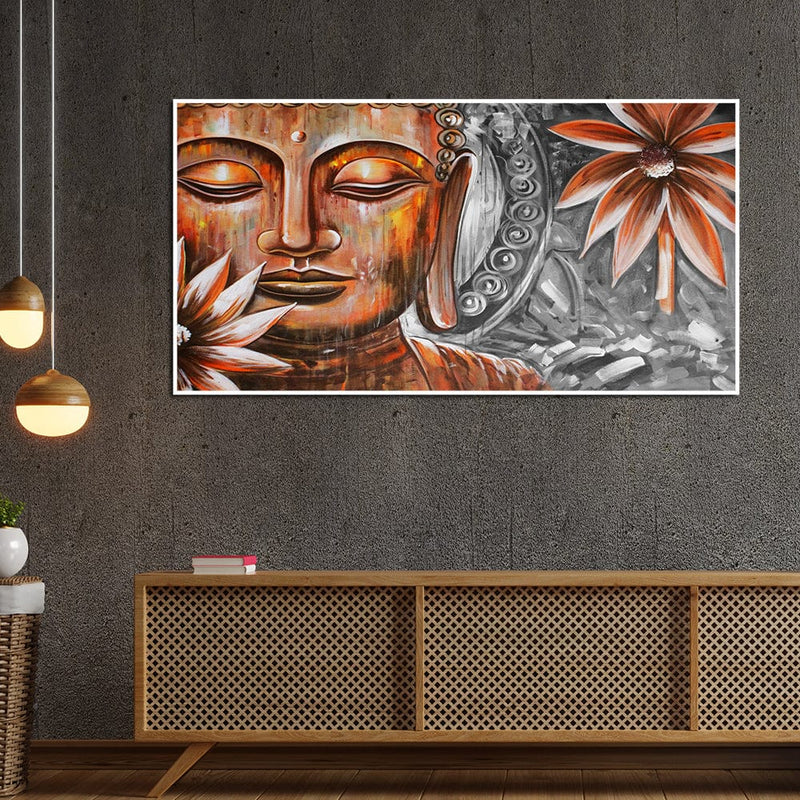 DecorGlance Rectangle painting Pencil Color Portrait Buddha Floating Canvas Wall Painting