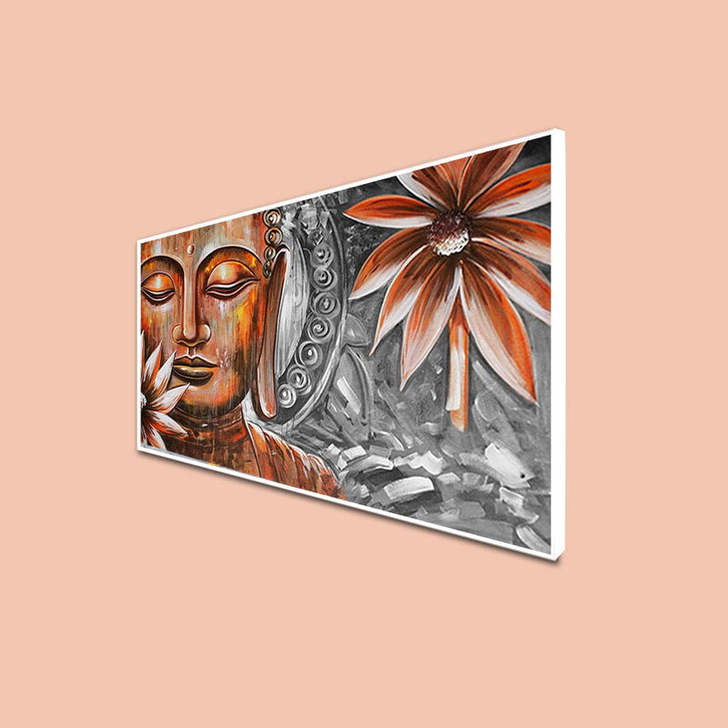 DecorGlance Rectangle painting CANVAS PRINT WHITE FLOATING FRAME / (48x24) Inch / (60 X 121) Cm Pencil Color Portrait Buddha Floating Canvas Wall Painting