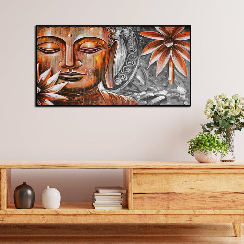 DecorGlance Rectangle painting Pencil Color Portrait Buddha Floating Canvas Wall Painting