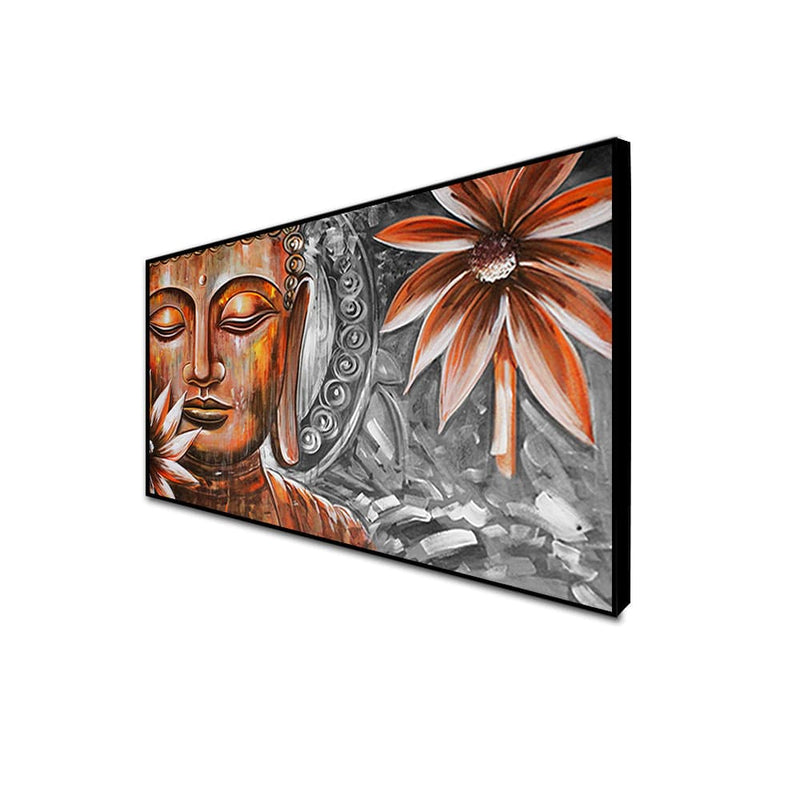 DecorGlance Rectangle painting CANVAS PRINT BLACK FLOATING FRAME / (48x24) Inch / (60 X 121) Cm Pencil Color Portrait Buddha Floating Canvas Wall Painting