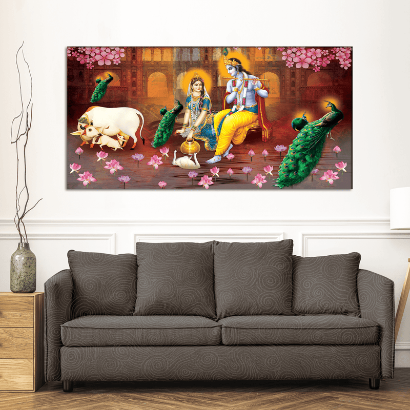 DecorGlance Rectangle painting Radha Krishna Beautiful View Canvas Wall Painting