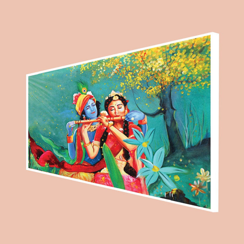 DecorGlance Rectangle painting CANVAS PRINT WHITE FLOATING FRAME / (24 X 48) Inch / (60 X 121) Cm Radha Krishna Canvas Floating Wall Painting