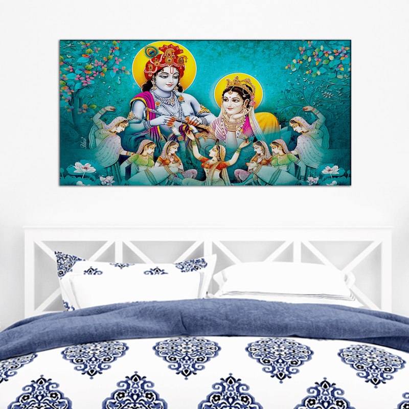 DecorGlance Rectangle painting Radha Krishna Enjoying Gopis Dance Canvas Wall Painting