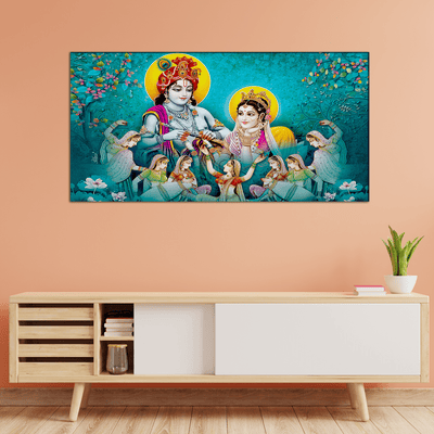 DecorGlance Rectangle painting Radha Krishna Enjoying Gopis Dance Canvas Wall Painting