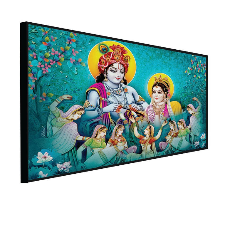 DecorGlance Rectangle painting CANVAS PRINT BLACK FLOATING FRAME / (48x24) Inch / (121x60) Cm Radha Krishna Enjoying Gopis Dance Floating Frame Canvas Wall Painting