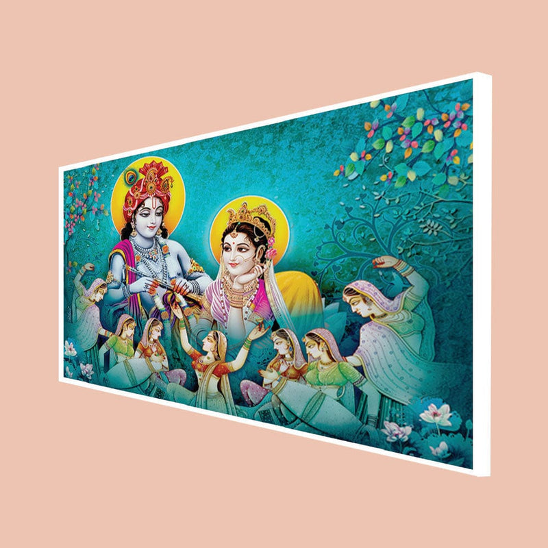 DecorGlance Rectangle painting CANVAS PRINT WHITE FLOATING FRAME / (48x24) Inch / (121x60) Cm Radha Krishna Enjoying Gopis Dance Floating Frame Canvas Wall Painting