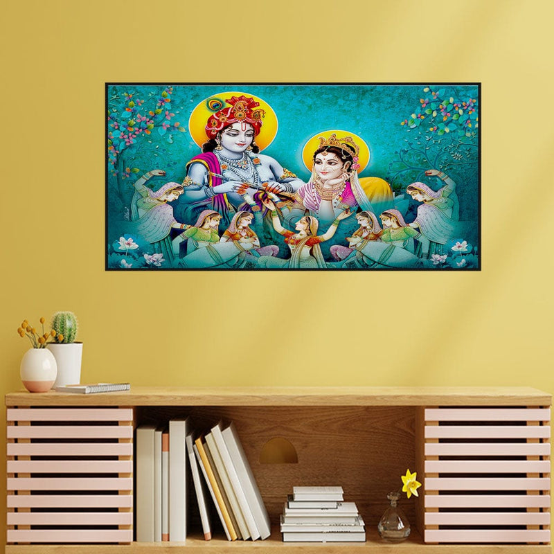 DecorGlance Rectangle painting Radha Krishna Enjoying Gopis Dance Floating Frame Canvas Wall Painting