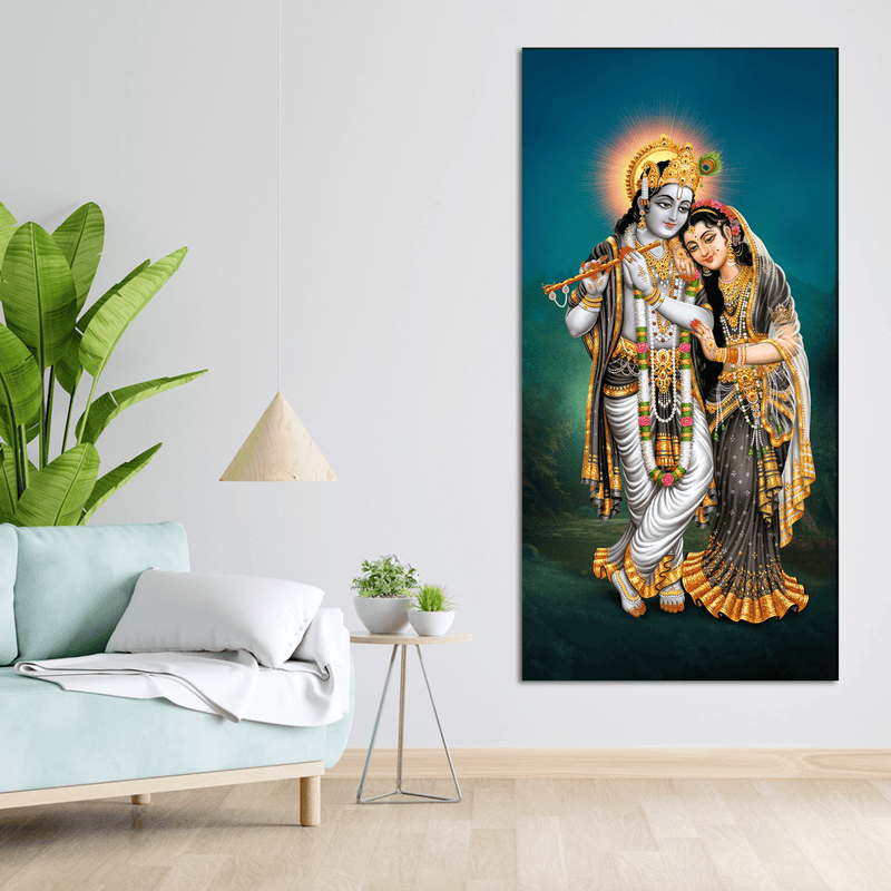 DecorGlance Rectangle painting Radha Krishna Panoramic View Canvas Wall Painting
