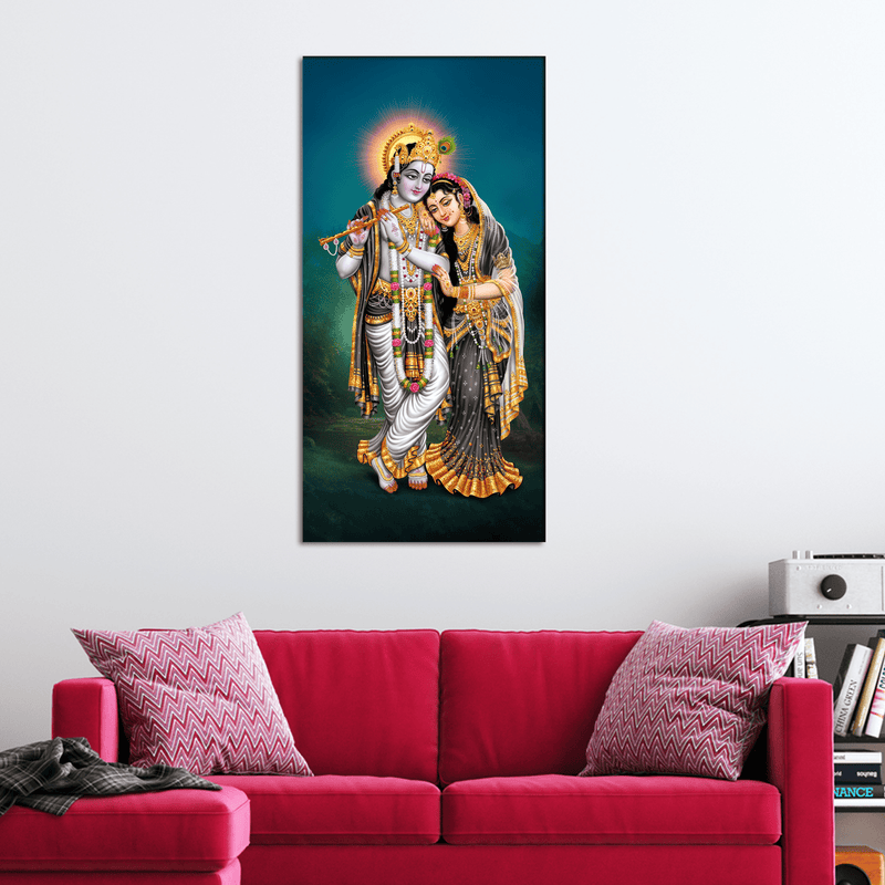 DecorGlance Rectangle painting Radha Krishna Panoramic View Canvas Wall Painting
