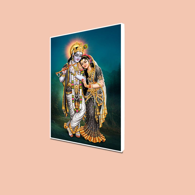 DecorGlance Rectangle painting CANVAS PRINT WHITE FLOATING FRAME / (24x48) Inch / (60x121) Cm Radha Krishna Panoramic View Floating Frame Canvas Wall Painting