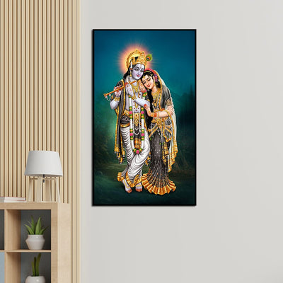 DecorGlance Rectangle painting Radha Krishna Panoramic View Floating Frame Canvas Wall Painting