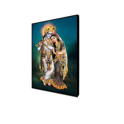 DecorGlance Rectangle painting CANVAS PRINT BLACK FLOATING FRAME / (24x48) Inch / (60x121) Cm Radha Krishna Panoramic View Floating Frame Canvas Wall Painting