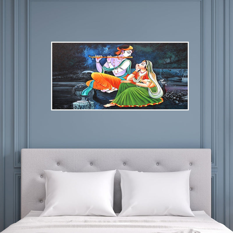 DecorGlance Rectangle painting Radha Krishna Playing Flute Canvas Floating Frame Wall Painting