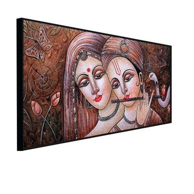 DecorGlance Rectangle painting CANVAS PRINT BLACK FLOATING FRAME / (48x24) Inch / (121x60) Cm Radha Krishna Playing Flute Canvas Floating Frame Wall Painting