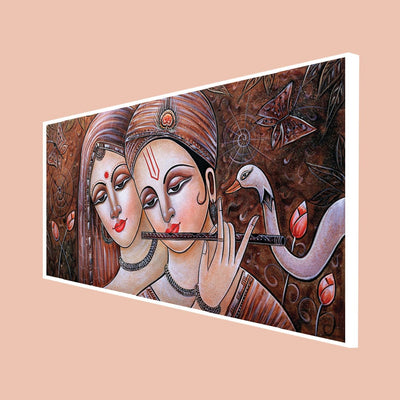 DecorGlance Rectangle painting CANVAS PRINT WHITE FLOATING FRAME / (48x24) Inch / (121x60) Cm Radha Krishna Playing Flute Canvas Floating Frame Wall Painting