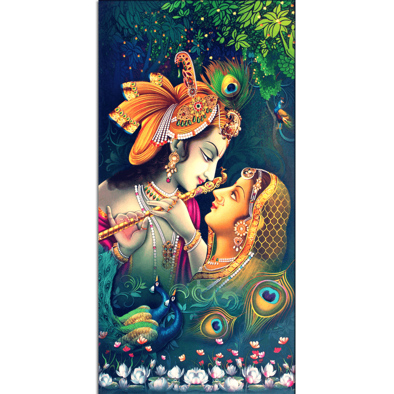 DecorGlance Rectangle painting Radha Krishna Playing Flute Together Canvas Wall Painting