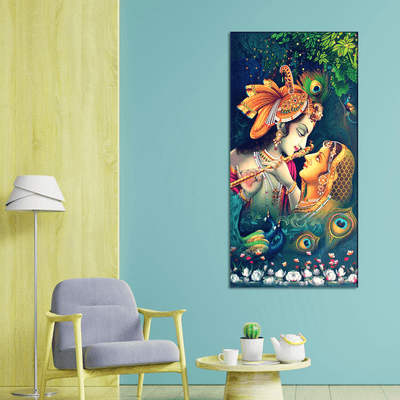 DecorGlance Rectangle painting Radha Krishna Playing Flute Together Canvas Wall Painting