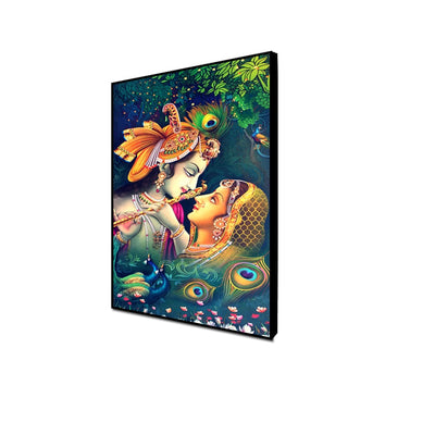 DecorGlance Rectangle painting CANVAS PRINT BLACK FLOATING FRAME / (48x24) Inch / (121x60) Cm Radha Krishna Playing Flute Together Floating Frame Canvas Wall Painting
