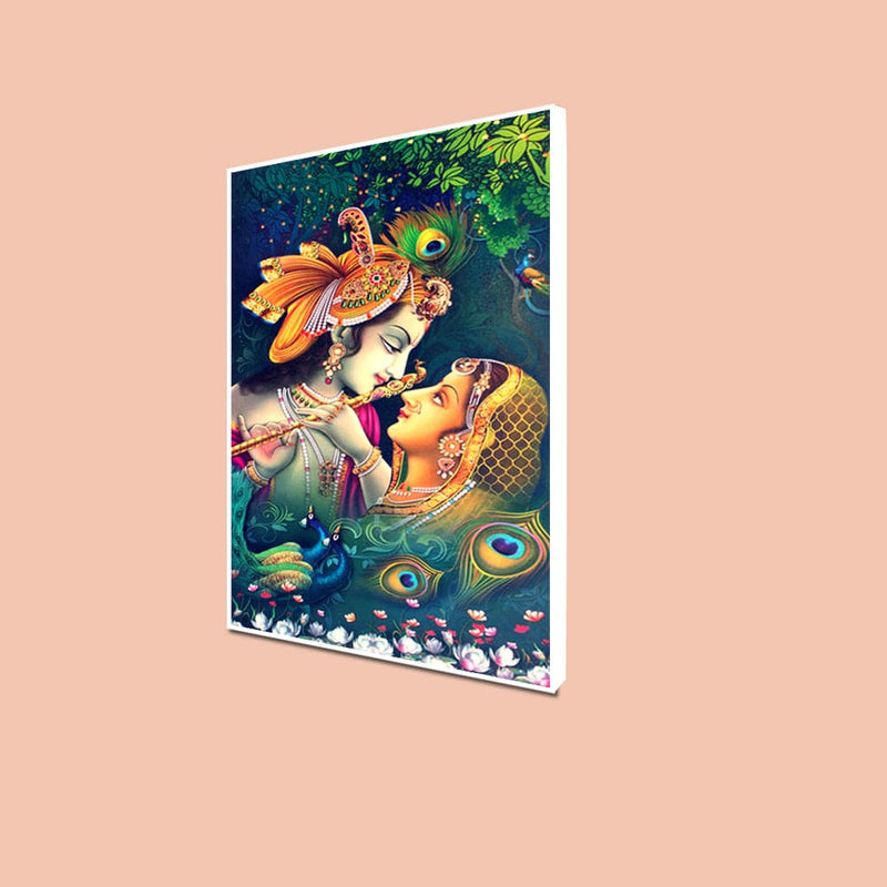 DecorGlance Rectangle painting CANVAS PRINT WHITE FLOATING FRAME / (48x24) Inch / (121x60) Cm Radha Krishna Playing Flute Together Floating Frame Canvas Wall Painting