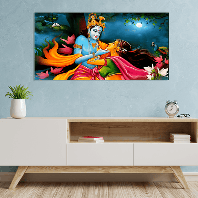 DecorGlance Rectangle painting Radha Krishna Raasleela View Canvas Wall Painting