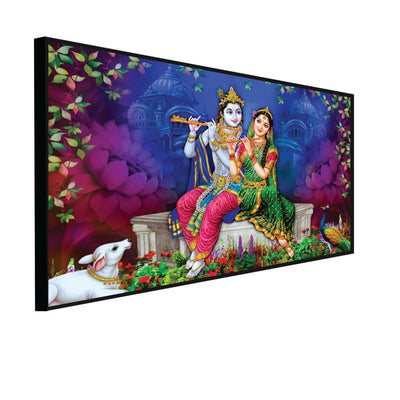 DecorGlance Rectangle painting CANVAS PRINT BLACK FLOATING FRAME / (48x24) Inch / (121x60) Cm Radha Krishna With Colorful Background  Floating Frame Canvas Wall Painting
