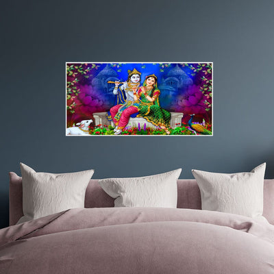 DecorGlance Rectangle painting Radha Krishna With Colorful Background  Floating Frame Canvas Wall Painting