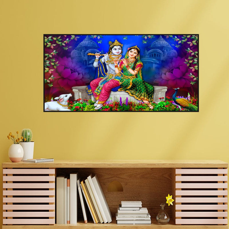 DecorGlance Rectangle painting Radha Krishna With Colorful Background  Floating Frame Canvas Wall Painting