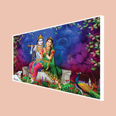 DecorGlance Rectangle painting CANVAS PRINT WHITE FLOATING FRAME / (48x24) Inch / (121x60) Cm Radha Krishna With Colorful Background  Floating Frame Canvas Wall Painting