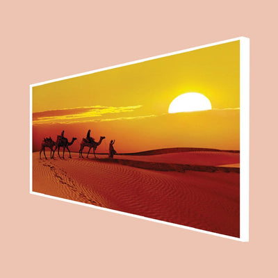 DecorGlance Rectangle painting CANVAS PRINT WHITE FLOATING FRAME / (24 X 48) Inch / (60 X 121) Cm Rajasthani Camel Sunset Abstract Canvas Floating Frame Wall Painting