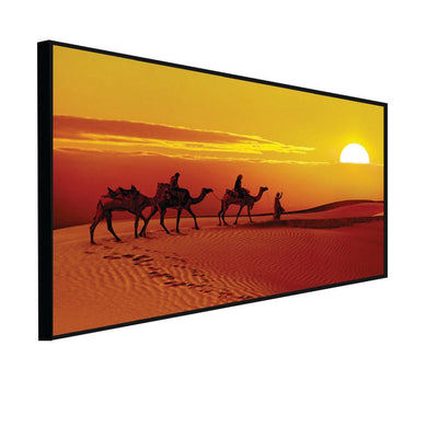 DecorGlance Rectangle painting CANVAS PRINT BLACK FLOATING FRAME / (24 X 48) Inch / (60 X 121) Cm Rajasthani Camel Sunset Abstract Canvas Floating Frame Wall Painting