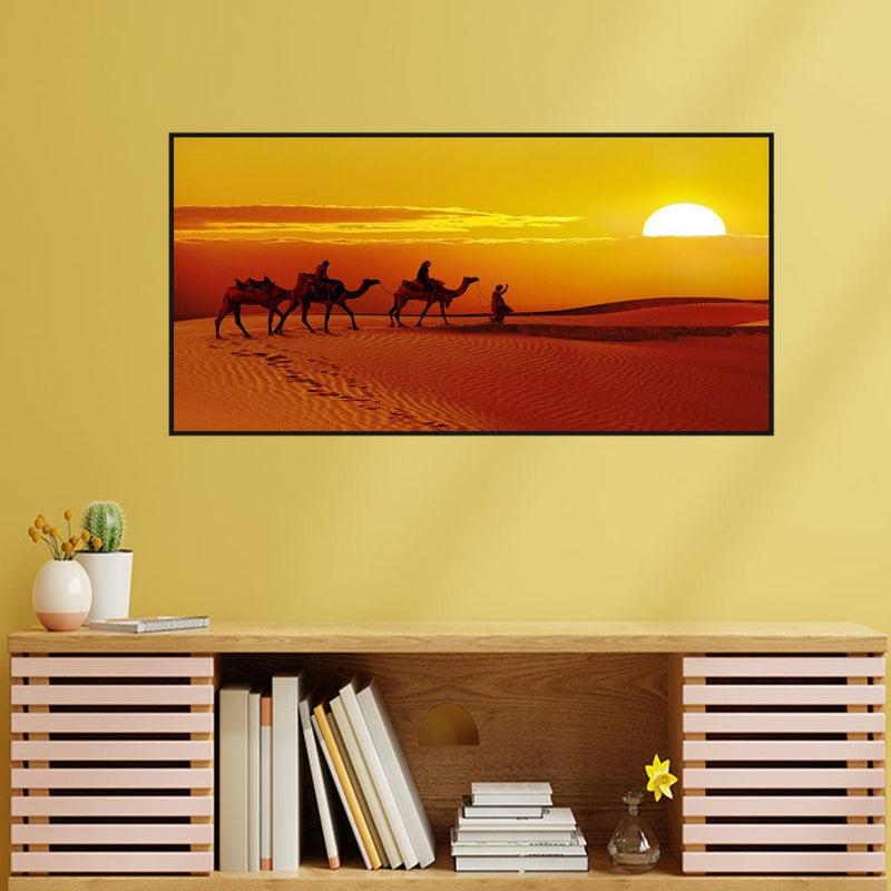 DecorGlance Rectangle painting Rajasthani Camel Sunset Abstract Canvas Floating Frame Wall Painting