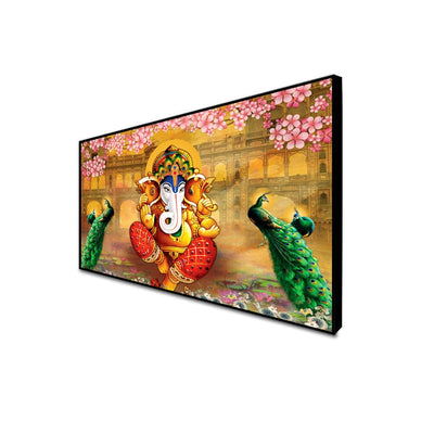 DecorGlance Rectangle painting CANVAS PRINT BLACK FLOATING FRAME / (48x24) Inch / (121x60) Cm Rajasthani Design lord Ganesha Canvas Floating Frame Wall Painting