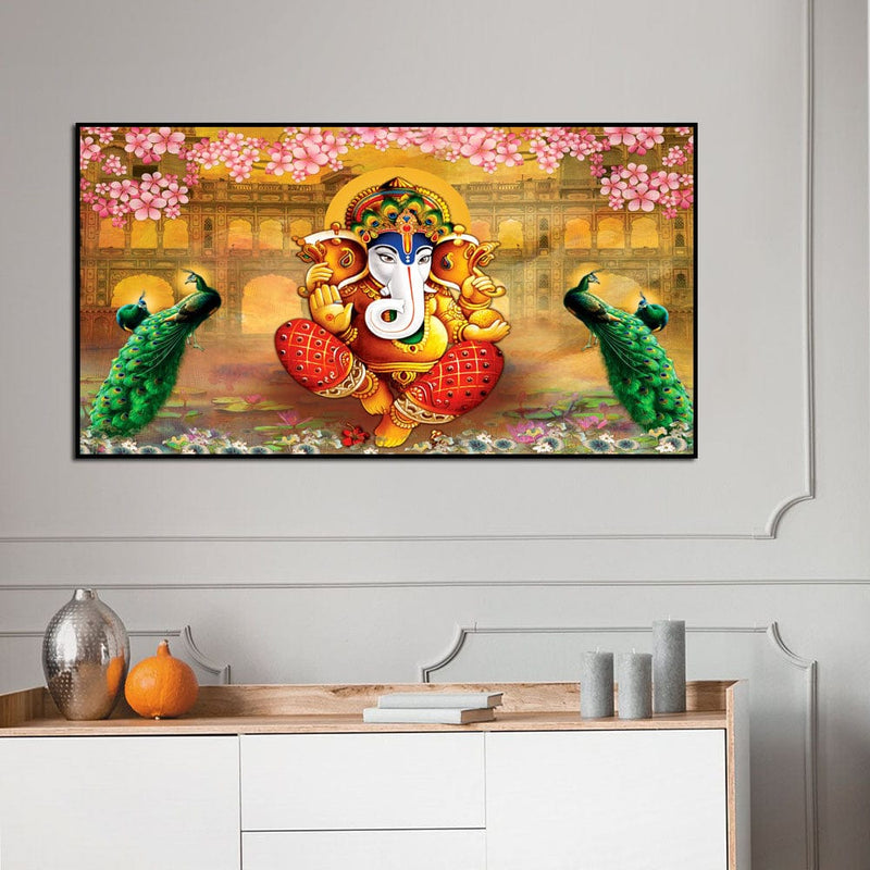 DecorGlance Rectangle painting Rajasthani Design lord Ganesha Canvas Floating Frame Wall Painting