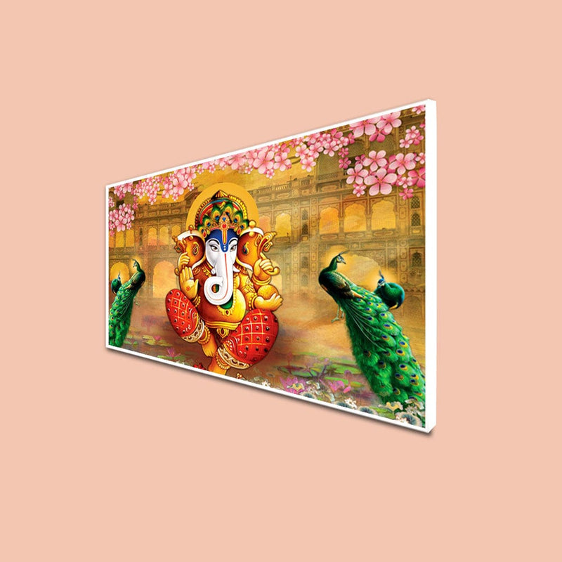 DecorGlance Rectangle painting CANVAS PRINT WHITE FLOATING FRAME / (48x24) Inch / (121x60) Cm Rajasthani Design lord Ganesha Canvas Floating Frame Wall Painting