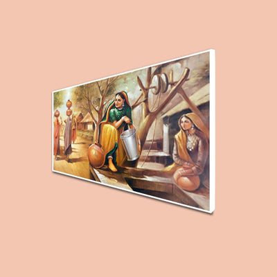 DecorGlance Rectangle painting CANVAS PRINT WHITE FLOATING FRAME / (48x24) Inch / (121x60) Cm Rajasthani Village View Canvas Wall Painting