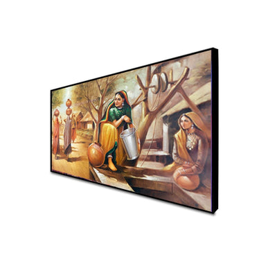 DecorGlance Rectangle painting CANVAS PRINT BLACK FLOATING FRAME / (48x24) Inch / (121x60) Cm Rajasthani Village View Canvas Wall Painting