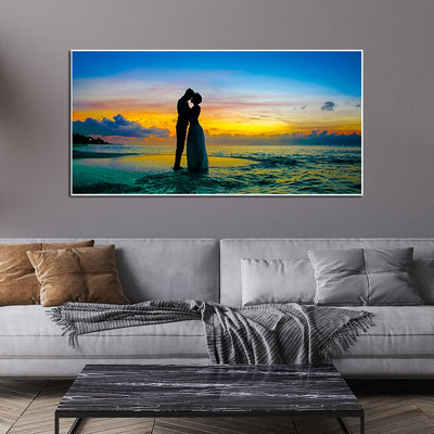 DecorGlance Rectangle painting Romantic Couple In Beach Floating Frame Canvas Wall Painting