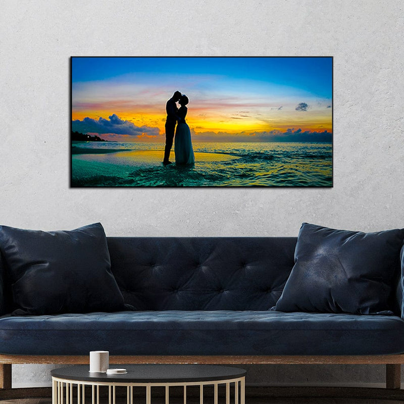DecorGlance Rectangle painting Romantic Couple In Beach Floating Frame Canvas Wall Painting