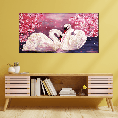 DecorGlance Rectangle painting Romantic Couple of Swans Canvas Wall Painting
