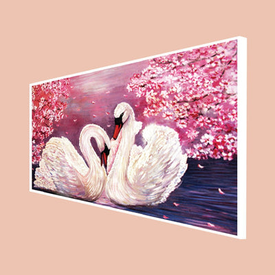 DecorGlance Rectangle painting CANVAS PRINT WHITE FLOATING FRAME / (48x24) Inch / (60x121) Cm Romantic Couple of Swans Floating Frame Canvas Wall Painiting