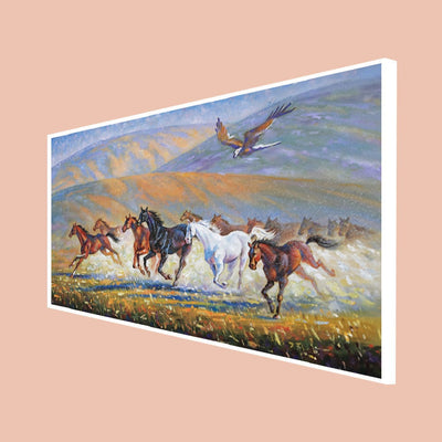 DecorGlance Rectangle painting CANVAS PRINT WHITE FLOATING FRAME / (48x24) Inch / (121x60) Cm Running Horse Canvas Floating Frame Wall Painting