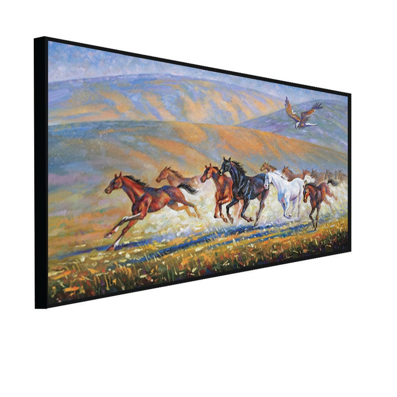 DecorGlance Rectangle painting CANVAS PRINT BLACK FLOATING FRAME / (48x24) Inch / (121x60) Cm Running Horse Canvas Floating Frame Wall Painting