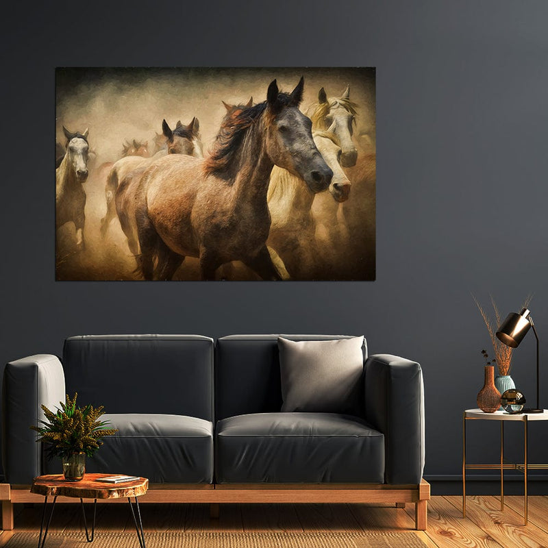 DecorGlance Rectangle painting Running Horses Print On Canvas Wall Painting