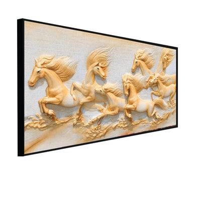 DecorGlance Rectangle painting CANVAS PRINT BLACK FLOATING FRAME / (24x48) Inch / (60x121) Cm Seven Golden Horses Running Canvas Floating Frame Wall Painting