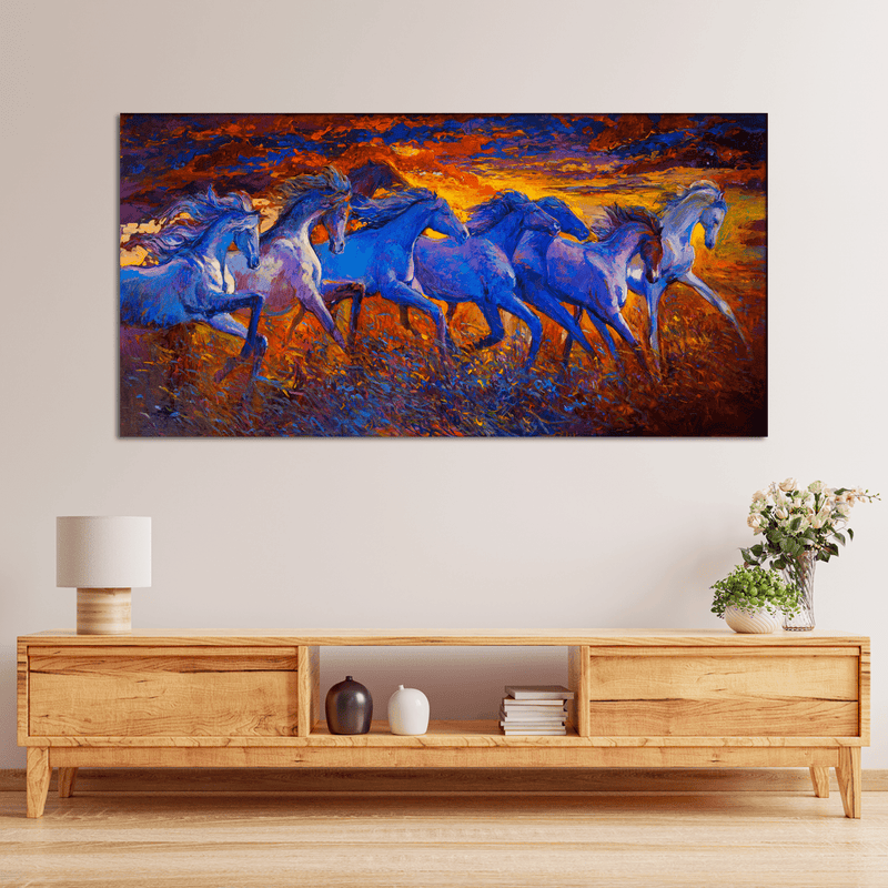 DecorGlance Rectangle painting Seven Horse Artistic Canvas Wall Paintin